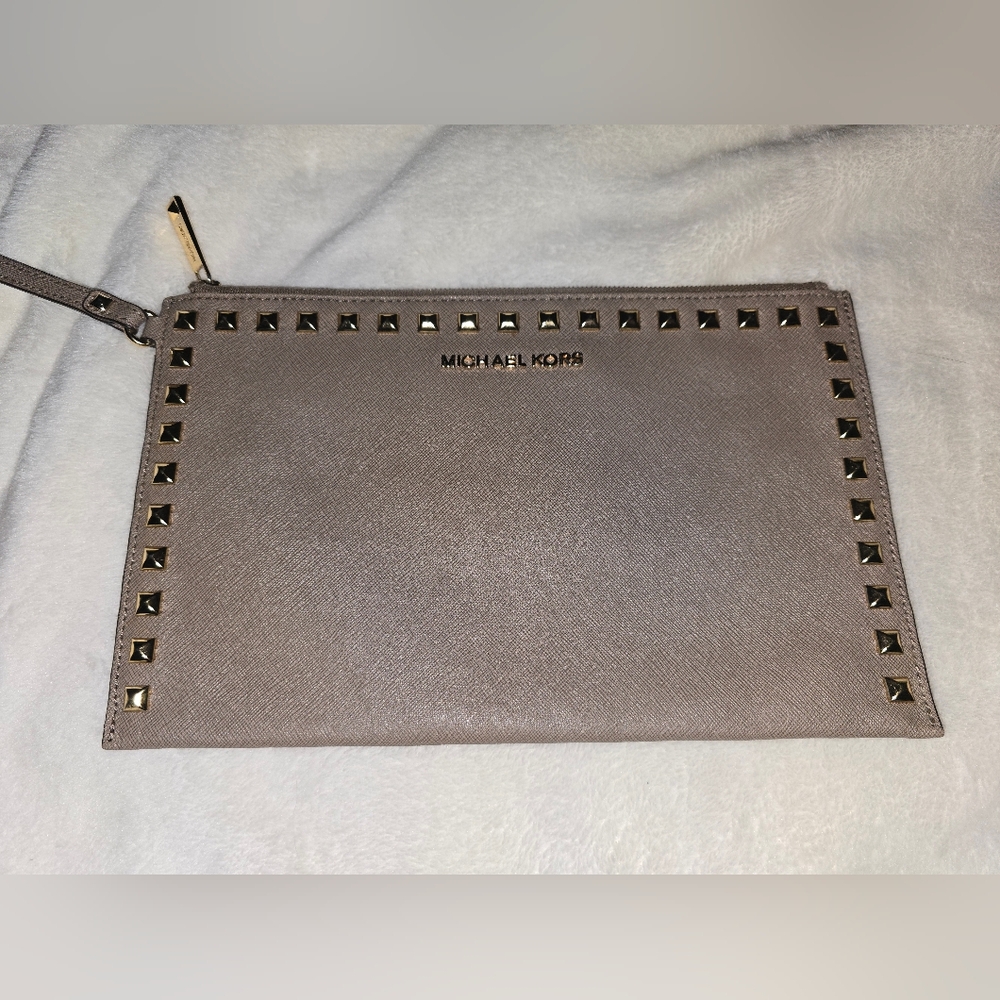 Michael Kors Studded Saffiano Leather Clutch in Taupe